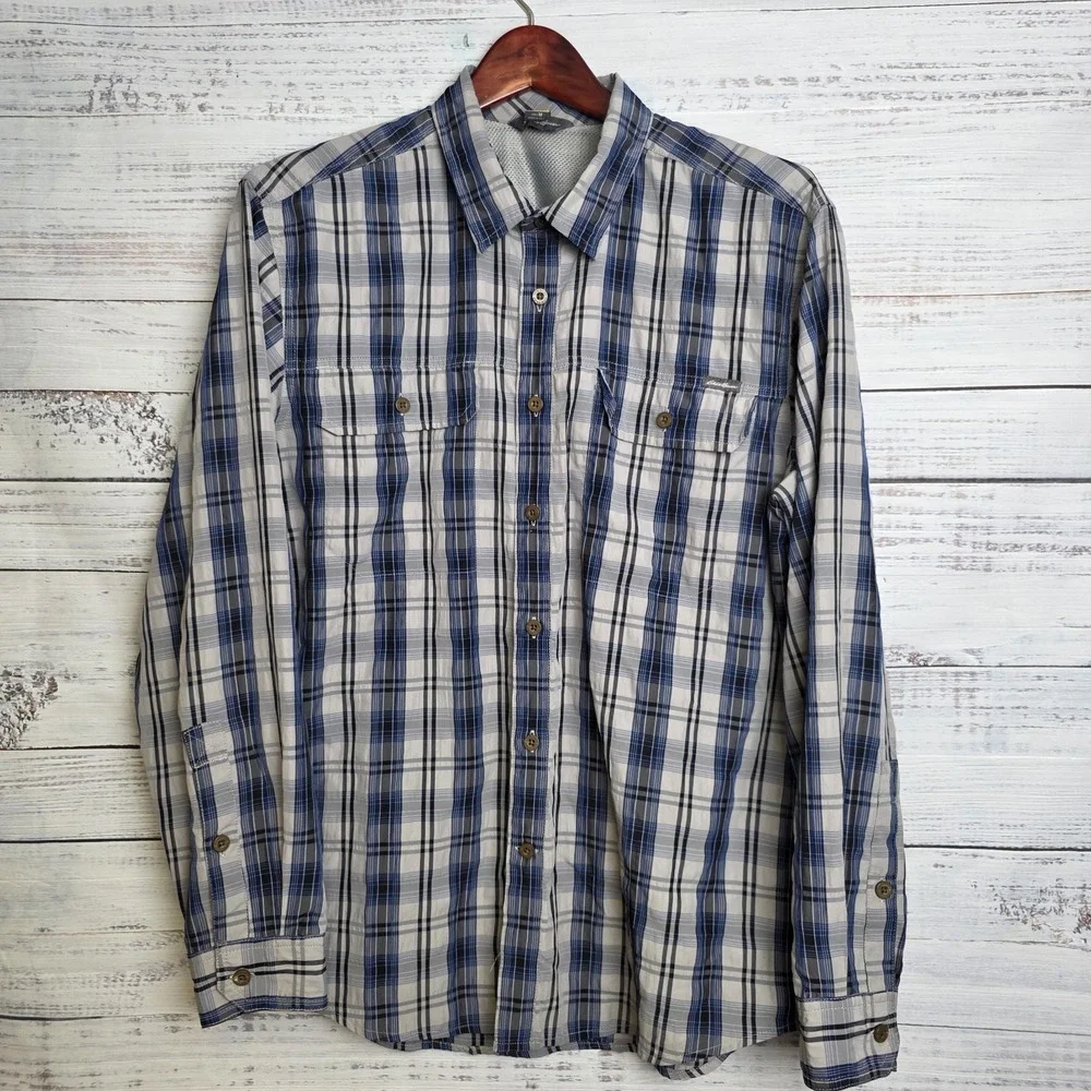 Eddie Bauer Travex Shirt Mens Medium Blue Plaid Long Sleeve Button Up Seersucker